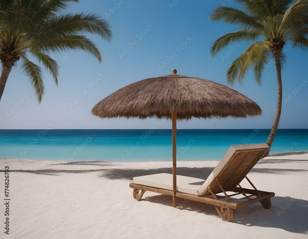 Fototapeta premium On the sand lounger under an umbrella , against the the azure blue sea, surrounded by palm trees