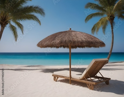 On the sand lounger under an umbrella , against the the azure blue sea, surrounded by palm trees