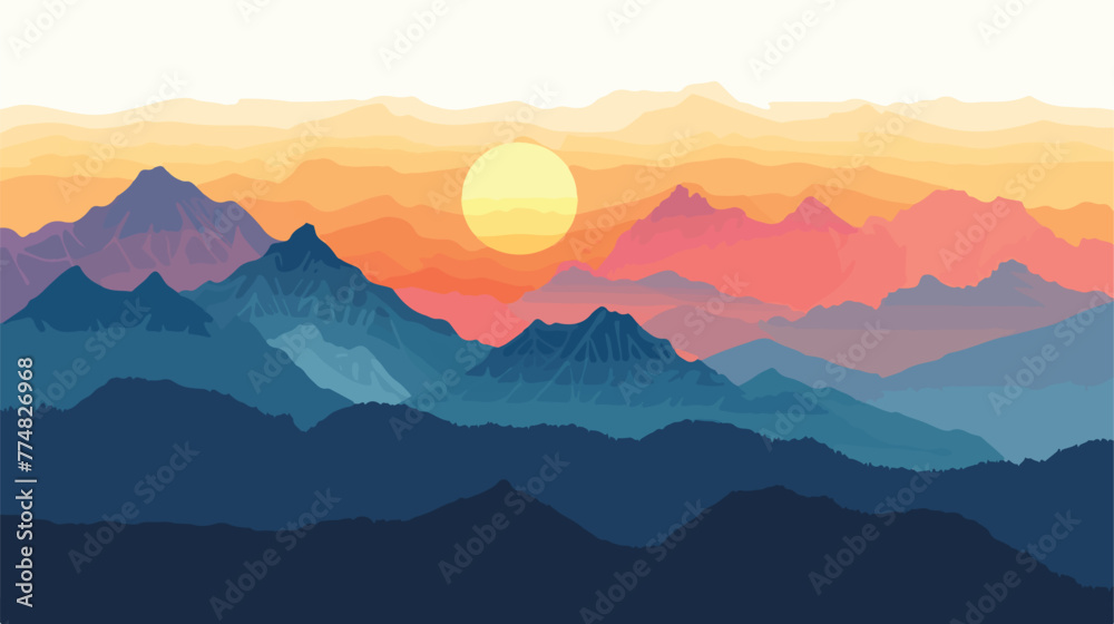 Render of mountains against a sunset sky flat vector
