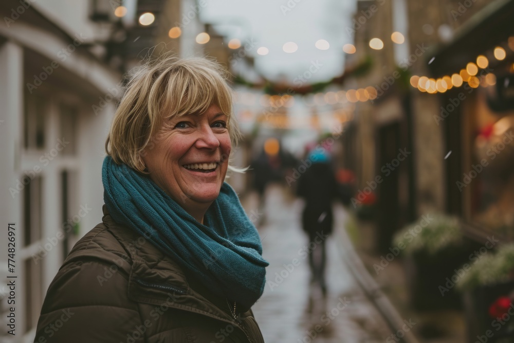 Portrait of a middle-aged woman with a scarf on the background of the Christmas market in the city.