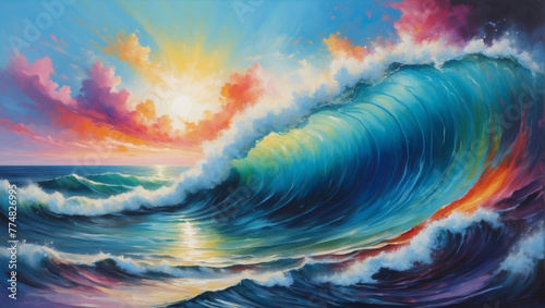 Oceanic Reverie, Colorful Sky and Wave Abstraction in Oil Painting. © xKas