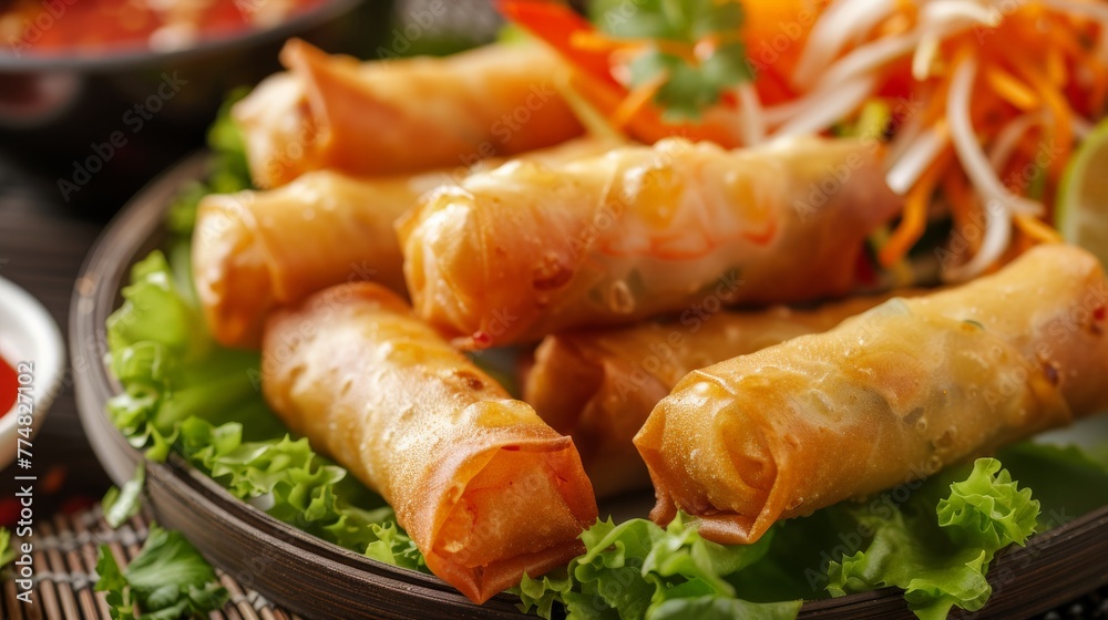 Fried spring rolls with vegetables and sauce on table, closeup Fried spring rolls with vegetables and sauce on table, closeup