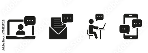 Teamwork Silhouette Icon Set. Team Connection Symbol Collection. People Communication At Work Conference Glyph Pictogram. Online Seminar Sign. Isolated Vector Illustration
