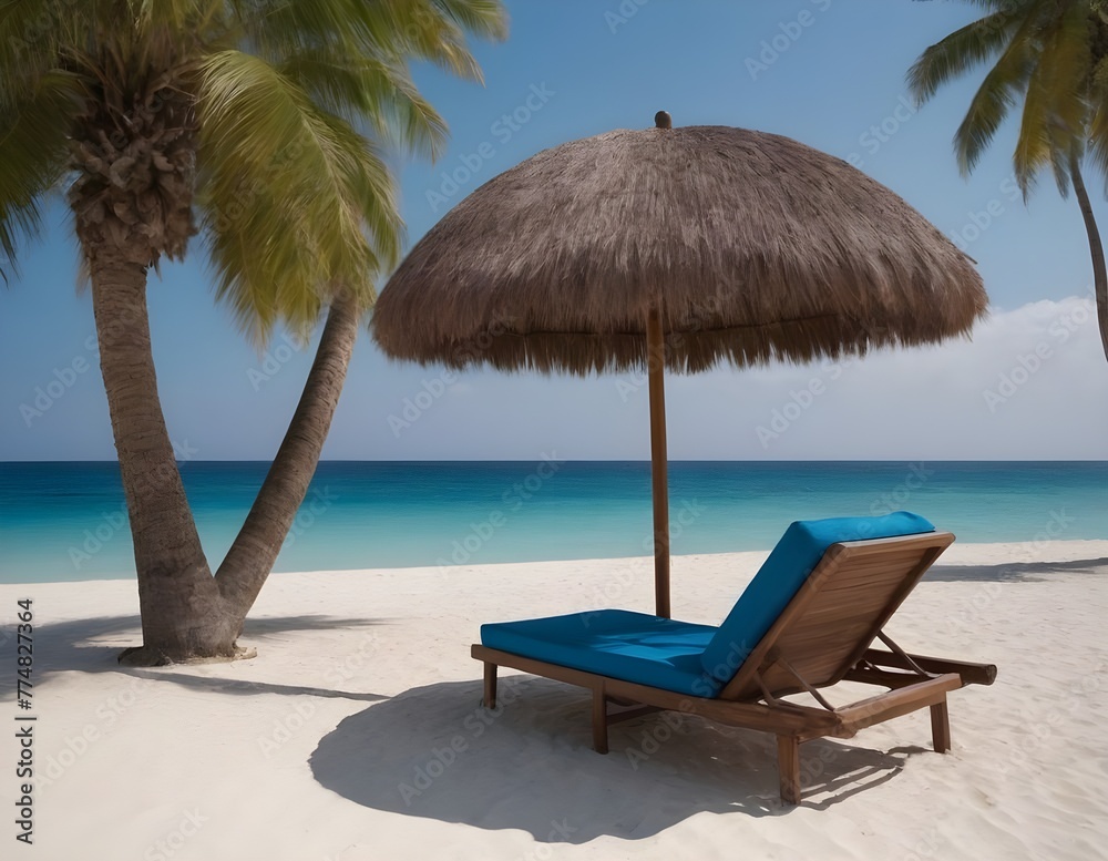 On the sand lounger under an umbrella , against the the azure blue sea, surrounded by palm trees