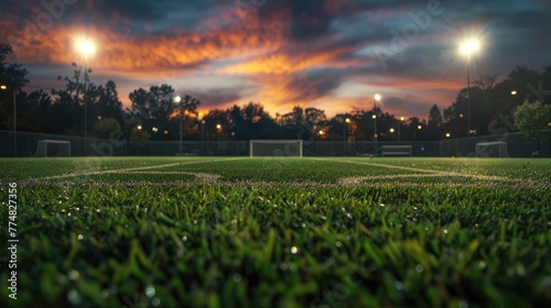 Soccer field at sunset with lights in the background. © tnihousestudio