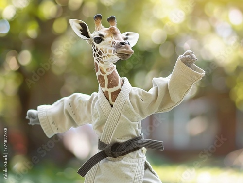 Giraffe practicing judo wearing a kimono photo