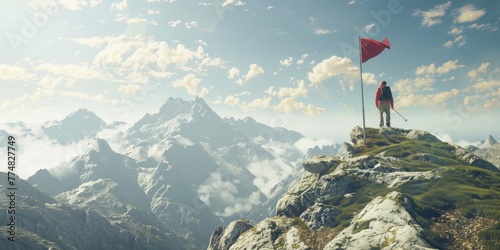 man with a flag on top of a mountain Generative AI