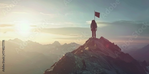 man with a flag on top of a mountain Generative AI