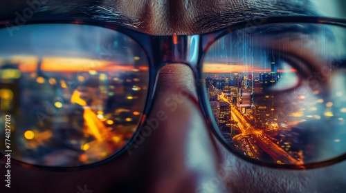 a close-up of a man with glasses reflecting the city lights and the horizon, symbolizing the foresight of events