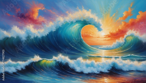 Oceanic Symphony, Colorful Sky and Wave Abstraction in Oil.