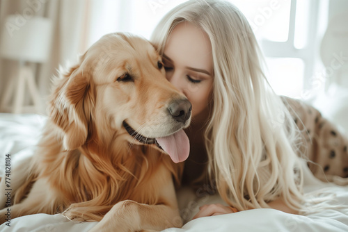 blonde woman kissing golden retriever on bed, happy dog and man looking at camera, picture,