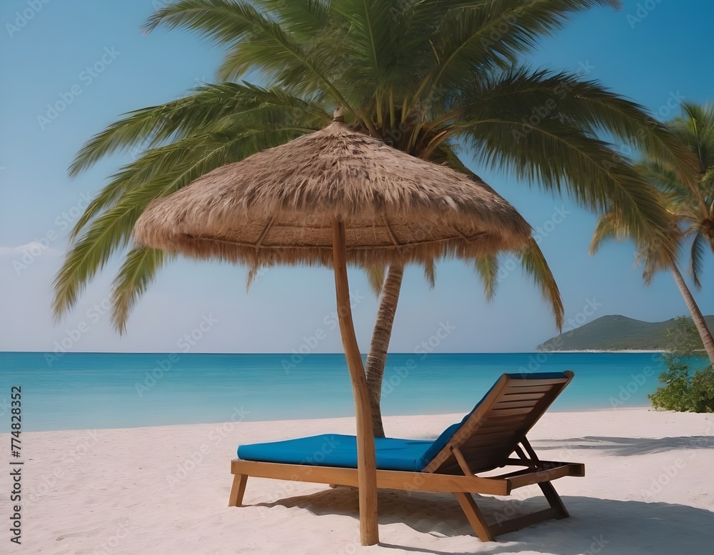 On the sand lounger under an umbrella , against the the azure blue sea, surrounded by palm trees