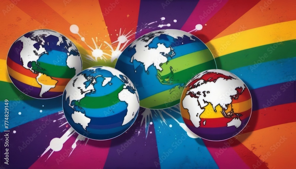 Naklejka premium Three Colorful Globes on Rainbow Background