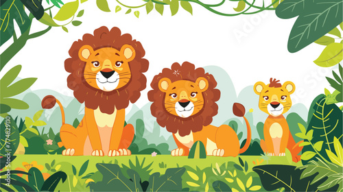 Lion family in the jungle flat vector isolated