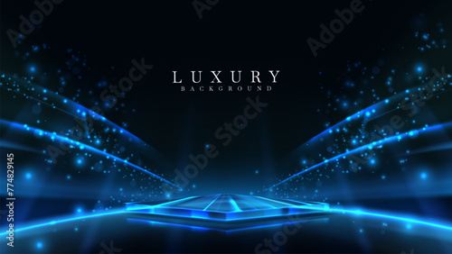 A futuristic virtual stage with a blue neon glowing podium, complemented by dynamic light trails and sparkling particles. Vector illustration.