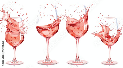 Rose wine splashing in glass on white background