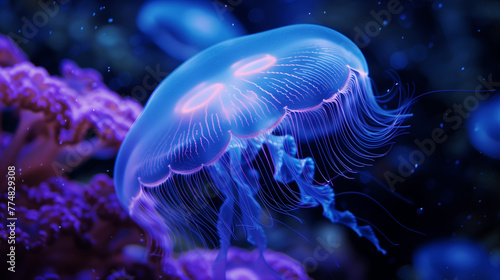 Luminescent Depths. A jellyfish with a luminescent glow is captured underwater, surrounded by the deep blue sea and coral formations.