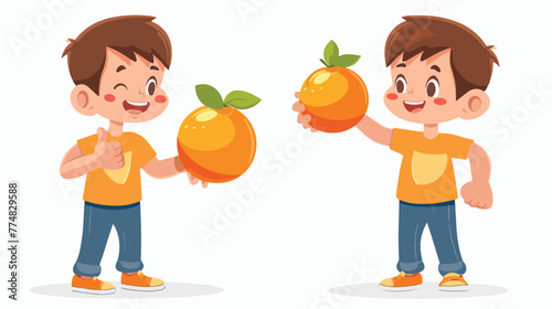 Little boy holding an orange fruit and giving © Aliha
