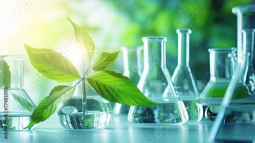 Science and nature concept, green laboratory with test tubes photo