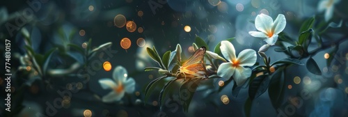 A Serene Spring Evening: The Soft Light of a Firefly Near Fragrant Jasmine Flowers
