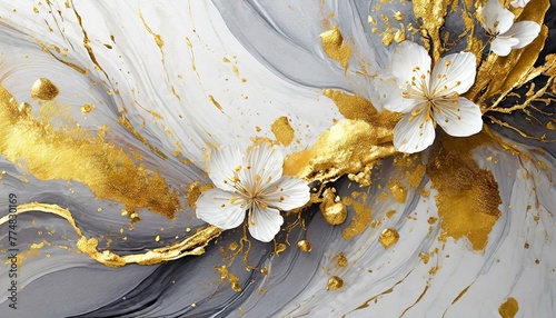 Białe tło polane złotą farbą z kwitnącymi gałązkami wiśni © Monika
