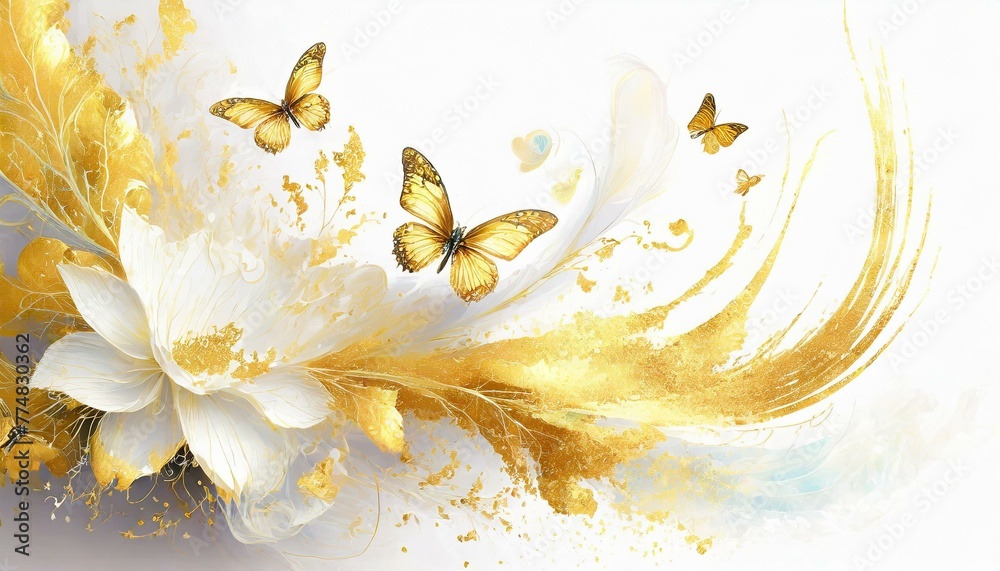 Biało złote tło z motylami i kwiatami - obrazy, fototapety, plakaty 