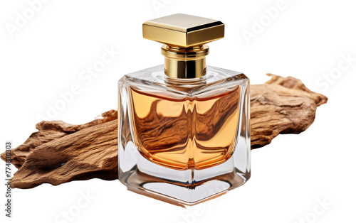 A perfume bottle elegantly displayed on a rustic wooden surface
