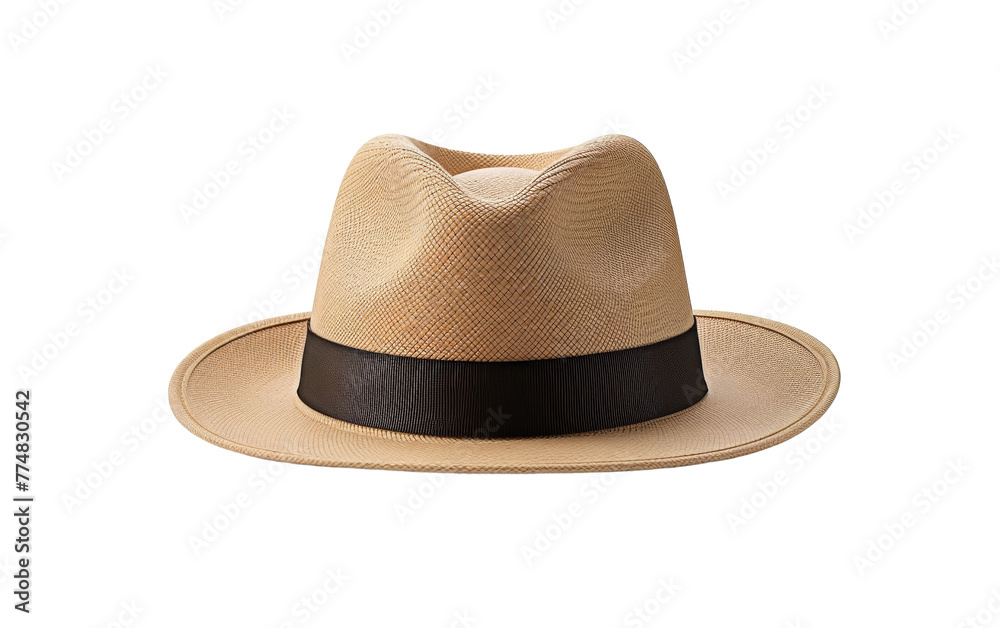 A stylish tan hat with a sleek black band placed against a backdrop of contrasting shadows