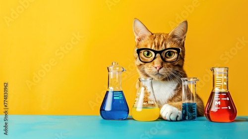 Cat with glasses sits behind colorful liquid-filled flasks on yellow background, resembling scientist