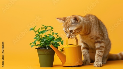 Curious orange tabby kitten sniffs small green plant next to yellow watering can against background