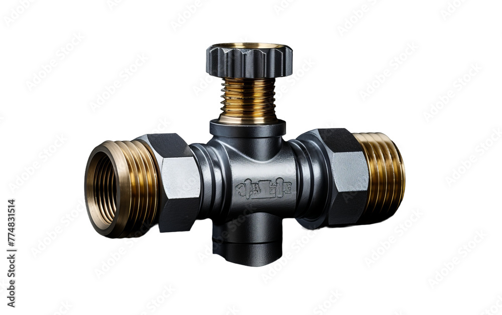 A sleek black and gold valve stands out against a clean white background A sleek black and gold valve stands out against a clean white background
