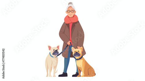 Senior woman with french bulldog dog flat vector isolated