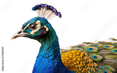 A stunning peacock displays its vibrant plumage in a close-up shot against a pure white background