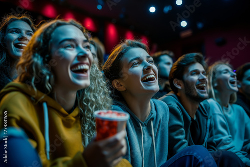 Group of friends people sitting in movie theater watching movie and laughing. Young people resting together.