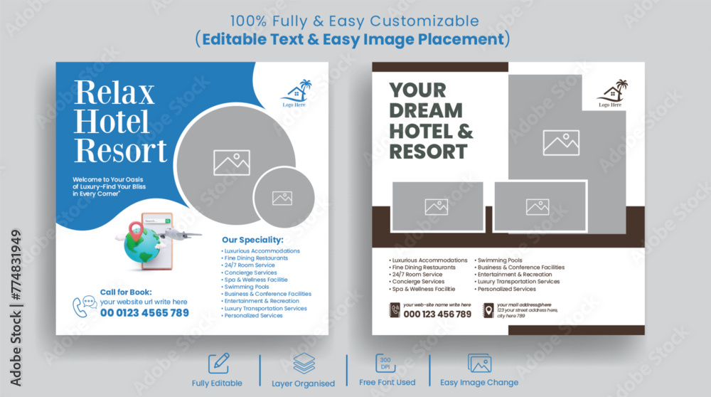 Hotel and Motel promotional editable social media post banner and Instagram post template 
suitable for travel tourism promotional advertising web banner design