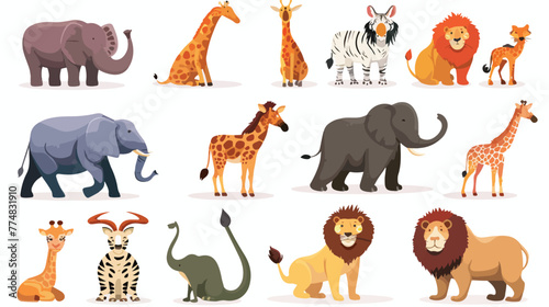 Set of cartoon zoo animals flat vector isolated on white