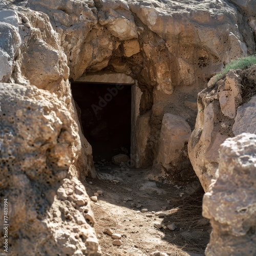 a cave entrance in a rocky area