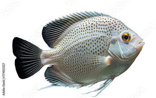 A white and black fish swimming gracefully on a peaceful white canvas