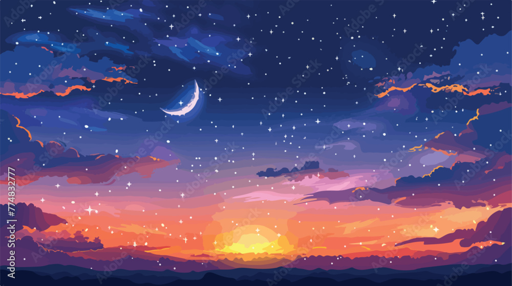 Sky night stars and moon islamic nightsunset flat vector