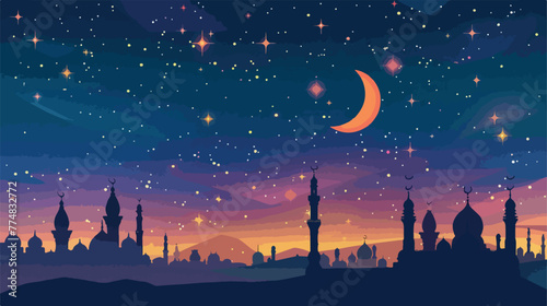 Sky night stars and moon islamic nightsunset flat vector