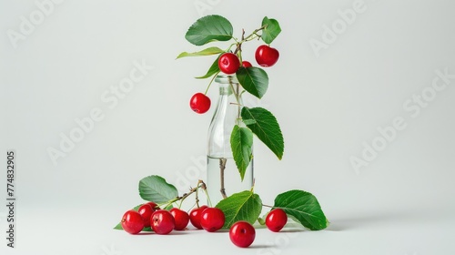 Aesthetic Display of Fresh Red Berries in a Glass Bottle Decorated with Green Leaves Isolated on a White Background