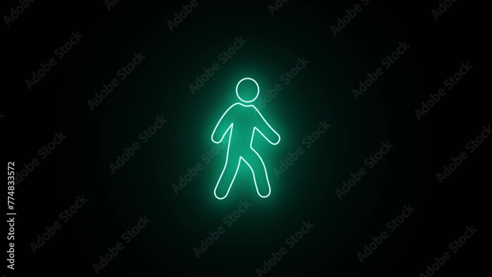 Neon line people walk icon cyan color glowing animation on the black background. neon walking icon. Neon line people walk icon cyan color glowing animation on the black background. neon walking icon.