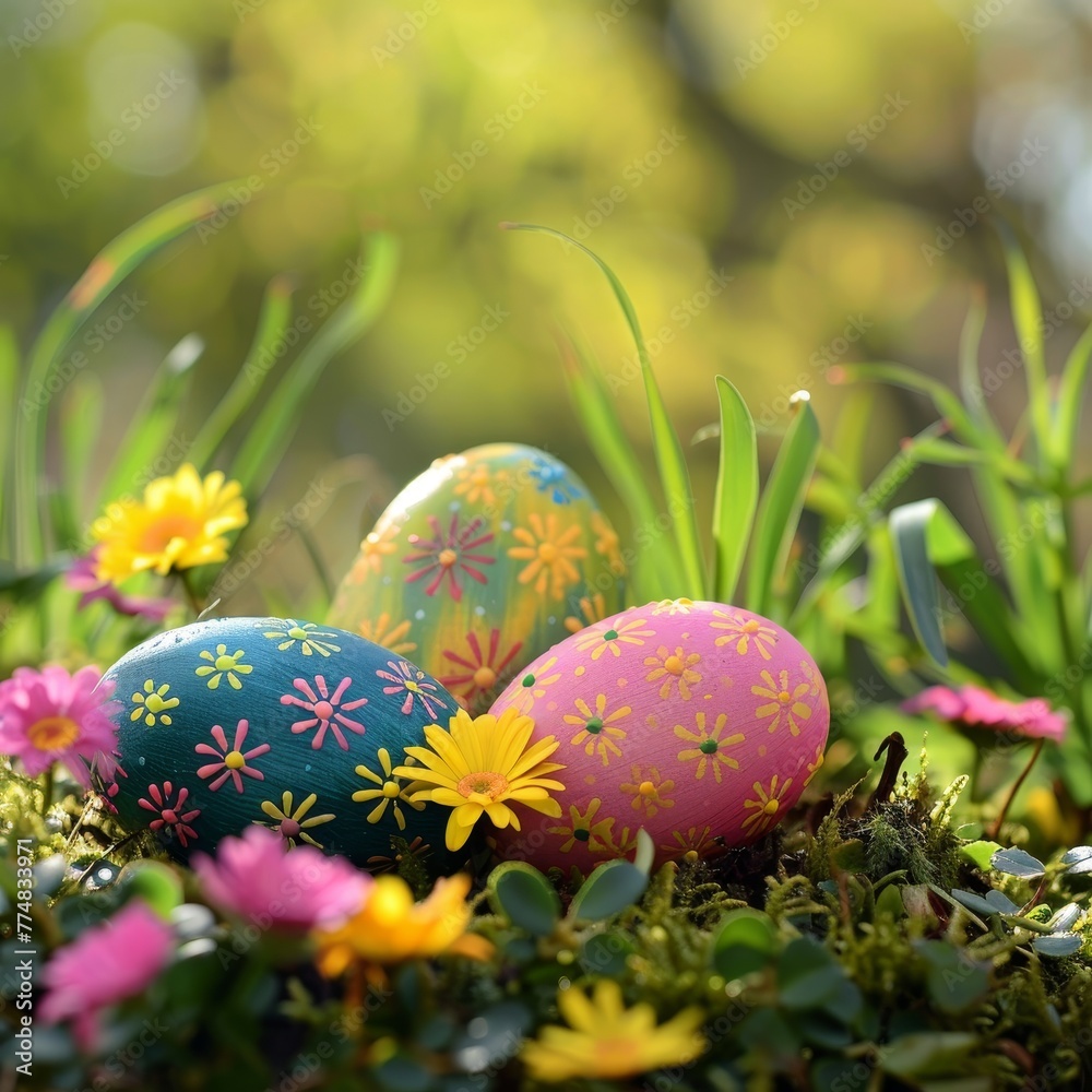 a group of decorated eggs in grass