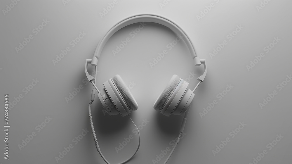 White headphones on a pale background. A close-up view of a modern headset. Concept of music and entertainment. Generative AI White headphones on a pale background. A close-up view of a modern headset. Concept of music and entertainment. Generative AI