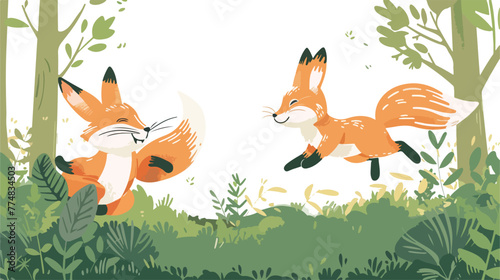 Rabbit chased by fox in the forest flat vector