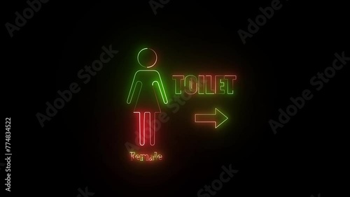 Neon glowing line toilet sign animation on the black background. On the right is the bathroom or toilet sign animation. photo