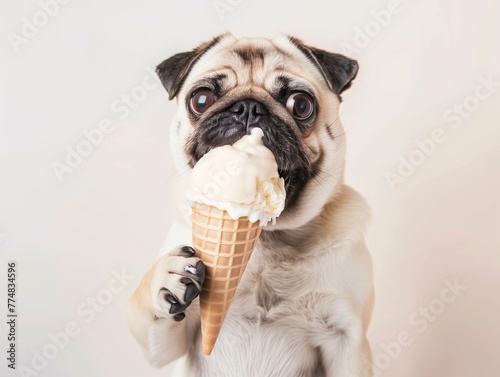 cute pug is holding an ice cream in his paws, white background