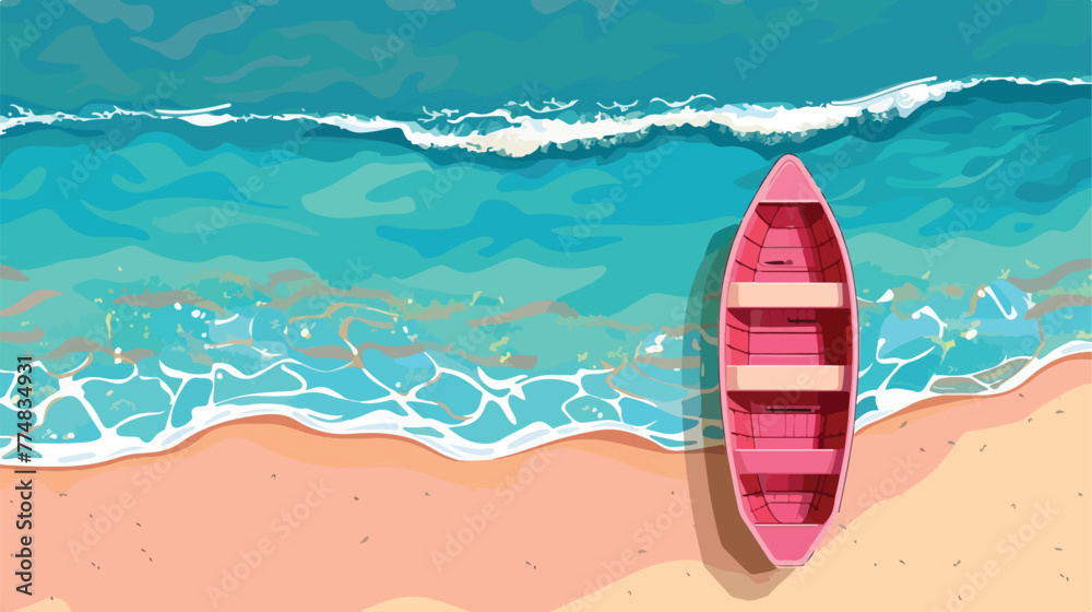 Top view of pink boat on the beach flat vector isolated