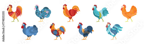 Rooster and Cockerel with Creative Ornate and Color Vector Set