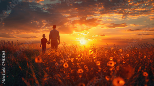 silhouette of a father and son in sunset 